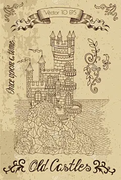 晕影效果,绘画插图,古典式,线条画,城堡,哥特式风格,中世纪时代,要塞,童话故事