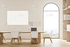 木制会议室内部配有家具和窗户。模型的海报