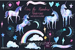 梦幻水彩独角兽插画 Pink and Purple Unicorns #1146628 :  
