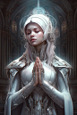 Sci fi cute Orthodox nun anime girl, in the style of Hajime Sorayama and Milo Manara, , black diamonds, mecha anime, 32k uhd, machine aesthetics, hans zatzka, she is standing and praying in the middle a cathedral, eyes closed, silver and pink, she is amaz