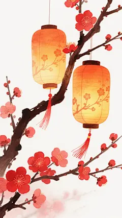 中国传统节日氛围的水彩风格插画，画面以纯净的白色为背景，营造出热闹喜庆的节日景象。主色调为温暖的红色和橙色，搭配深棕色的梅枝，色彩和谐统一。画面中央是几枝遒劲的梅枝，枝干上点缀着盛开的红色梅花，花瓣层次分明，边缘带有柔和的晕染效果。梅枝上悬挂着两个橙黄色的灯笼，灯笼表面装饰有精致的梅花图案，灯笼内部透出温暖的黄色光芒，照亮了周围的花瓣和枝干，光影过渡自然柔和。灯笼下方垂着红色的流苏，随风轻轻飘动，增添了画面的动感。整体构图采用不对称平衡，梅枝从右上角延伸至左下角，灯笼悬挂在枝干的不同位置，形成自然的视觉引