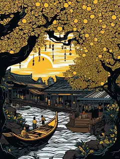 双色木刻版画：柠檬树下
