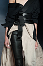 Wrap jacket & belt with pleated skirt & leather pants; fashion details // Haider Ackermann