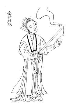 平闽全传-金精娘娘：原名精娘，在七岁时不幸落水而死，这时一只水蝎将灵魂附体。桃花圣母经过将她救活，收作徒弟，教她法术。二十七岁学成，桃花圣母与她约定三戒，命她往飞鹅洞掌教。