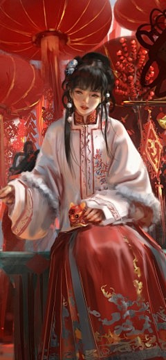 农历新年 春节 女孩 古装红色裙子 鬼刀...