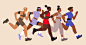 Vibrant flat design illustration of women running together. Illustration de femmes courant ensemble.