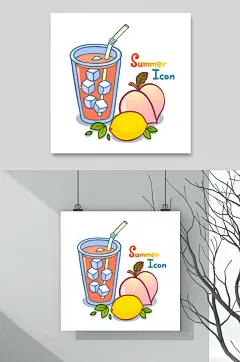 杯子桃子夏天夏日海滩矢量插画元素