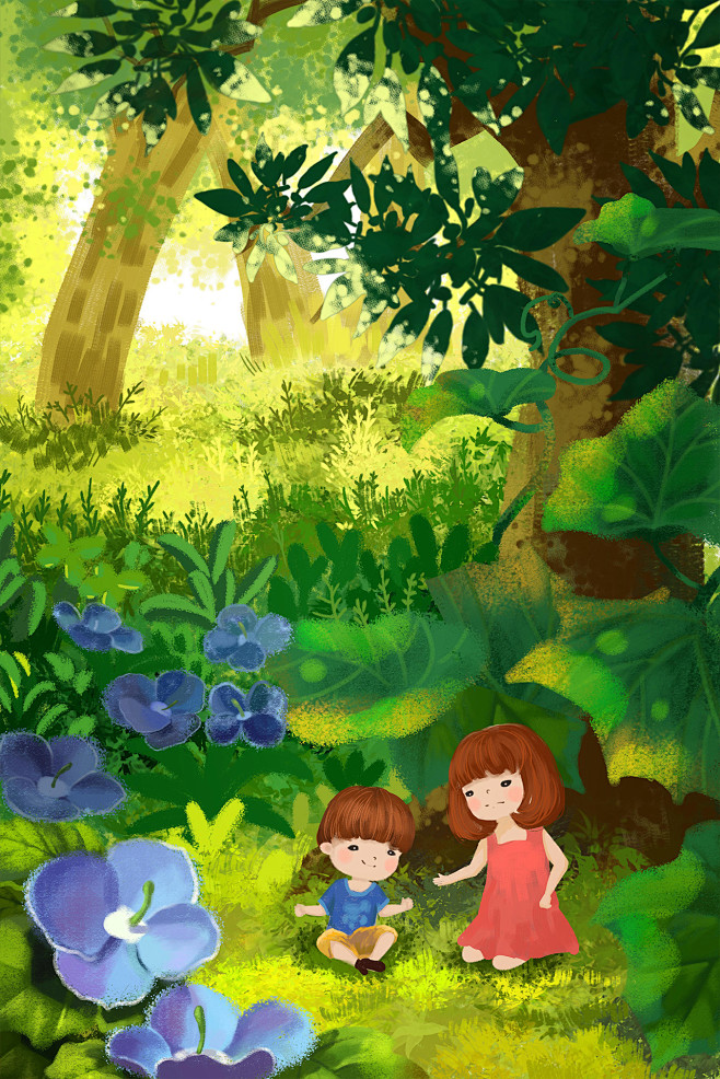 森女系童话小动物小女孩玩耍故事树林场景绘...