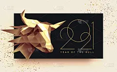 2021年新年旗帜与黄金低聚头牛。牛年。矢量图