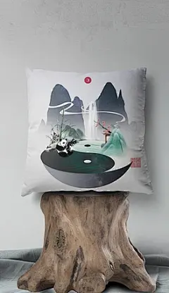 中式极简手绘插画成都山水民俗家居抱枕图案