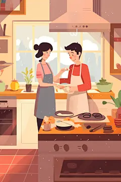 卡通情侣烹饪居家人物插画