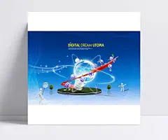 时尚创意节能环保公益海报PSD分层素材|psd图库,公益环保PSD,环保模板,3D小人,灯泡,光环,蓝色背景,动感线条