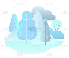 冬天的森林景观。平面风格象征插画。风景与树木，灌木和雪堆。农村的野生动物。霜冻的乡村景色。美丽的艺术