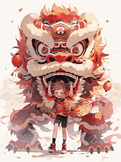 舞狮少年水彩插画喜庆海报
