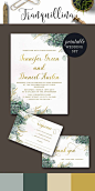 Succulent Wedding Invitation Boho, Green Floral Wedding Invitation Set, Gold Wedding Invitation, Botanical Greenery wedding Invitation Bohemian - pinned by pin4etsy.com