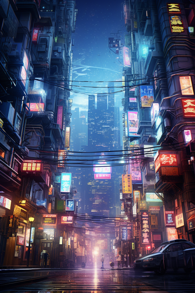 AI数字艺术赛博朋克风都市城市街景插画