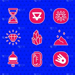 设置魔法石，符文，彗星坠落快速，粉末，敲响警钟，钻石，五角星圆形和老沙漏与沙子图标。向量