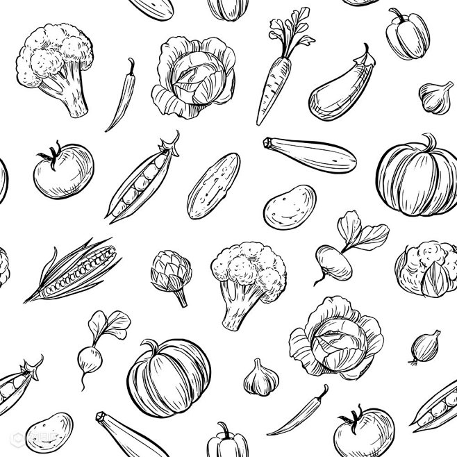 单色素描手绘蔬菜简笔画插画-餐饮美食-插...