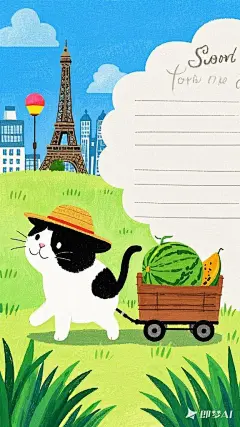 简笔画，卡通，粗线条勾勒，特写，一只黑白色的猫咪拉着装满哈密瓜的拖车，猫咪戴着草帽，可爱温馨，治愈画风，简洁，干净，颜色鲜艳，郁郁葱葱的小草，彩铅，蜡笔用最简单线条勾勒人物肖像，加入动物元素，植物元素，地方风物，标志性建筑，拼贴排版，设计一款信纸，以此中心图案为信纸底纹，次要图案为信纸上下的装饰。
