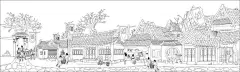 2018手绘古代商业街古建筑线稿绘画海报