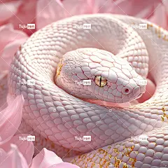 特写一条金色鳞片的白蛇，插画风格非凡。巨大的粉红色花瓣营造出