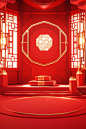 Red oriental oriental room with golden frame and red floor, in the style of luminous 3d objects, playful geometrics, xmaspunk, light red and white, joong keun lee, contest winner, festive atmosphere