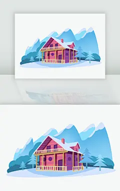 手绘24节气风景落雪的房子插画素材