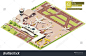 Vector isometric airport terminal infrastructure. Parked airplanes with boarding bridges, postal service aircraft loading, airplane on the runway, aircraft maintenance hangars, airport machinery and w