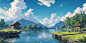 00198-3331338013-Draw a morning lake scene,Depict the sunlight on the lake surface,Draw a calm lake surface,Depict a small island in the center o