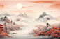 传统意境中式水墨风秋天秋季自然风景插画
