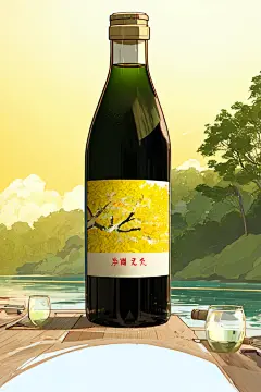 00506-3370625600-wine bottle, A bottle of green plum wine, floating on the river, with one or two green plums ,  soft focus, pale yellow backgrou
