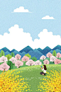 插图的女人坐在山上与樱花和连翘花拍照图片