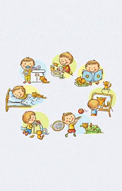 小朋友的一天|手绘,卡通,可爱,小孩子,小朋友,日常一天,小学生,火柴人,起床,漱口,吃饭,学习,画画,打球,玩玩具,卡通元素,手绘/卡通