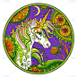 花纹手绘彩色秋天独角兽与神奇的花朵矢量插图。魔马的涂鸦zentangle风格。花边花纹圆形.拼图、纹