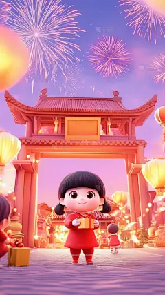 除夕&春节卡通3D新年过年场景灯笼烟花组合背景