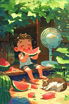 AI数字艺术夏季吃西瓜卡通插画-众图网