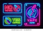 Vaping neon signs collection vector template, light banner, bright night illustration, symbol, places for vape, no vaping, vaping ban, electronic cigarette neon. Vector illustration
