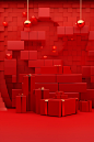 \3d rendering of a red room with gifts and boxes, in the style of sculptural and geometric, relief, neo-mosaic, kodak vision3, minimalistic compositions, bentwood, nightscapes