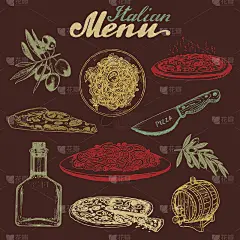 手绘的意大利菜单。矢量集绘制地中海食物元素与字母在墨水风格。