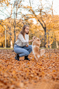 一位妇女正在公园里的秋叶中训练一只狗。博美犬德国斯皮兹用后腿站着，要吃东西。