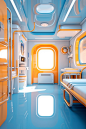 Interior interior of a futuristic hospital with blue and orange decor, in the style of kawaii aesthetic, traincore, dark yellow and sky-blue, photo-realistic techniques, kombuchapunk, eco-friendly craftsmanship, eerily realistic