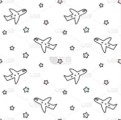 可爱的卡通飞机和彩色星星无缝矢量图案背景插图