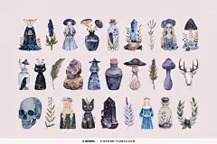 恐怖神秘万圣节魔法女巫水彩绘画手绘插图插画png免抠图片素材