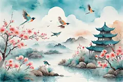 手绘山水中国风水墨画山水画插画