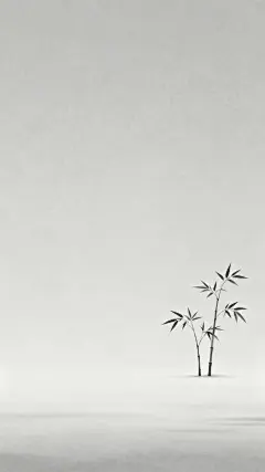 禅意壁纸，右侧一两棵渺小隐藏在背景里竹子，浅灰色调，极简