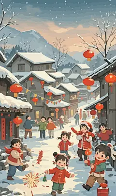 春节雪景街景庆春插画图形