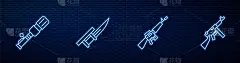 M16A1步枪，反坦克手榴弹，卡口和冲锋枪。砖墙上发光的霓虹灯图标。向量