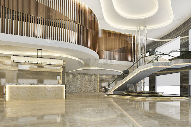 3d渲染豪华酒店接待大厅入口及酒廊餐厅设有楼梯