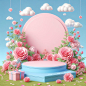 A blue podium on the grass surrounded by roses, with a sky blue background, in the cartoon style, rendered in C4D, as a 3D scene displaying a product, with soft lighting creating a dreamy atmosphere with high saturation and clear details, using a pink ton