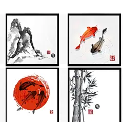 插画 中国风水墨画 传统绘画 客厅无框画 沙发装饰画 客厅装饰画 书房装饰画 卧室装饰画 中国风装饰画 山水画 锦鲤 金鱼 竹子 山水 中式 中式山水 